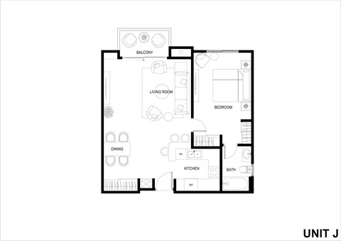 Floor plan for 1 bed, 1 bath, 696 sqft